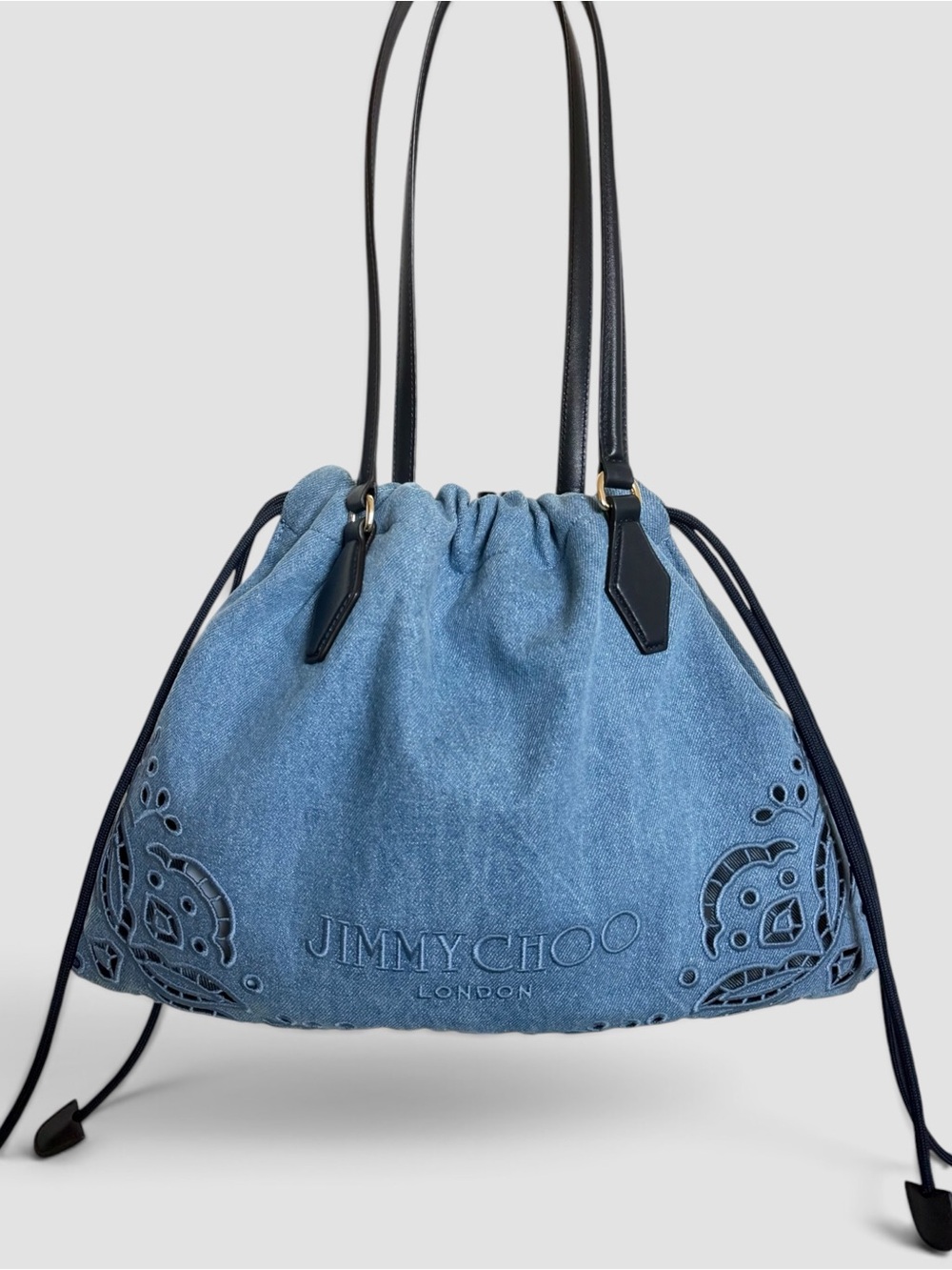 Rare Jimmy Choo Denim Drawstring Tote Bag
